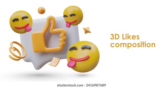 3d likes composition. Funny yellow emoticons with closed eyes and big smiles and message with likes. Vector illustration in 3d style with place for text and white background