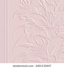 3d lilies. Tropical emboss lily flowers 3d textured pink pattern. Floral embossed striped background. Relief textured backdrop. Line art  emboss flowers, leaves. hand drawn surface tropic ornaments.