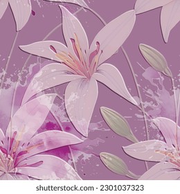 3d lilies. Tropical lily flowers textured 3d seamless pattern. Floral embossed dirty background. Relief backdrop. Emboss flowers, leaves. Hand drawn surface tropic ornaments with watercolor spots.