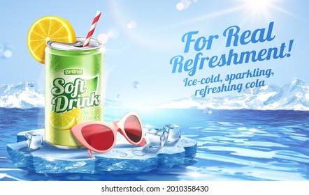 3d lime juice soda ad template with glacier scene. Realistic cola can stands on a floating ice podium with sun glass and ice cubes. Concept of frozen drink for summer.