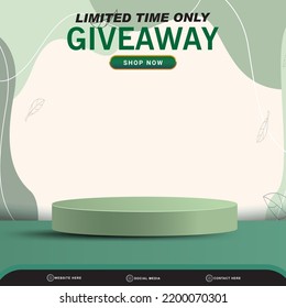 3d limited giveaway banner social media template post with blank space podium for product with gradient abstract green background