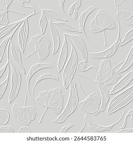 vetor de arte de linha 3d padrão sem emenda de folhas em relevo ramos de flores no fundo branco. Alívio grungy emboss texturizado projeto folhoso. Os ornamentos modernos da queda da folha da superfície da repetição com efeito de relevo.