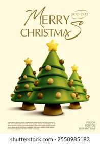 3d line of Christmas pine trees with ornaments, isolated on background. Christmas tree forest icon in 3d vector