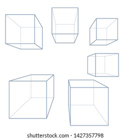 3d Line Cubes and Parallelepipeds. Vector Set of Blue Outline Perspective Drawing