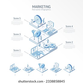 3d line isometric digital marketing infographic template. Mobile advertising strategy, seo presentation layout. 5 option steps, process parts, growth concept. Business people team. Social media icons