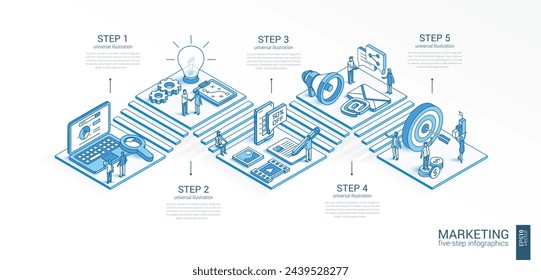 Plantilla de infografía de marketing digital isométrica de línea 3d. Estrategia de publicidad móvil, diseño de presentación seo. 5 pasos de opción, piezas de proceso, concepto de crecimiento. Equipo de gente de negocios. Iconos de redes sociales