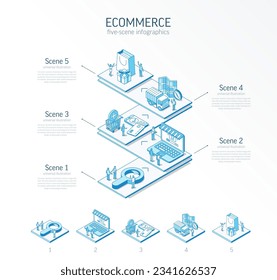 3d line isometric ecommerce infographic template. Online shop, customer journey presentation layout. 5 option steps, process parts growth concept. Business people team. Market consumer experience icon