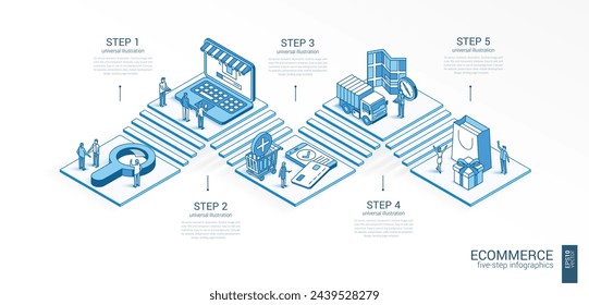 Plantilla de infografía de comercio electrónico isométrico de línea 3d. Tienda en línea, diseño de presentación del viaje del cliente. 5 pasos de opción, concepto de crecimiento de piezas de proceso. Equipo de gente de negocios. Icono de experiencia de consumidor de mercado