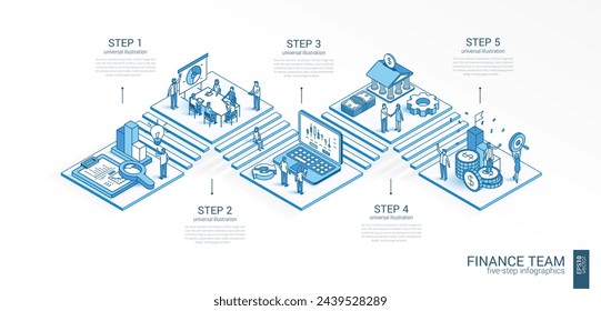 Plantilla de infografía de equipo financiero isométrico de línea 3d. Análisis de datos bancarios, diseño de presentación. 5 pasos de opción, piezas de proceso, concepto de crecimiento. Equipo de gente de negocios. Analítica, fintech, icono de dinero