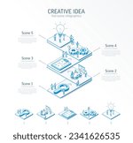 3d line isometric innovative creative idea infographic template. Startup, teamwork presentation layout. 5 option steps, process parts, growth concept. Business people team. Bulb, grow up, plan icon