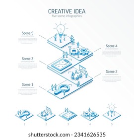 3d line isometric innovative creative idea infographic template. Startup, teamwork presentation layout. 5 option steps, process parts, growth concept. Business people team. Bulb, grow up, plan icon