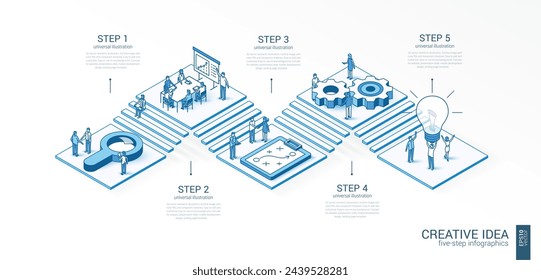 3d line isometric innovative creative idea infographic template. Startup, teamwork presentation layout. 5 option steps, process parts, growth concept. Business people team. Bulb, grow up, plan icon