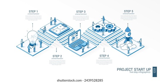 Plantilla de infografía de inicio de proyecto isométrica de línea 3d. Éxito en la puesta en marcha, diseño de presentación de productos de innovación. 5 pasos de opción, concepto de crecimiento de piezas de proceso. Equipo de gente de negocios. Icono de lanzamiento de cohete