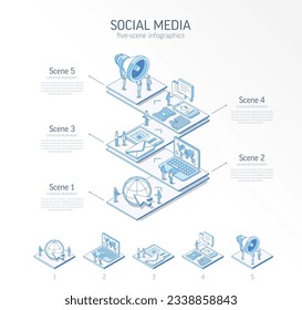 3d line isometric Social Media Network infographic template. News, content, communication presentation layout. 5 option steps, process parts, growth concept. Business people team. Digital market icon