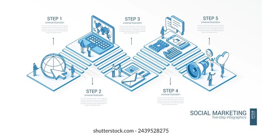 3d line isometric Social Media Network infographic template. News, content, communication presentation layout. 5 option steps, process parts, growth concept. Business people team. Digital market icon