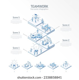 3d line isometric teamwork infographic template. Office work. success, communication presentation layout. 5 option steps, process parts, growth concept. Business people team. Cooperation, trophy icon.