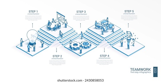 3d line isometric teamwork infographic template. Office work. success, communication presentation layout. 5 option steps, process parts, growth concept. Business people team. Cooperation, trophy icon.