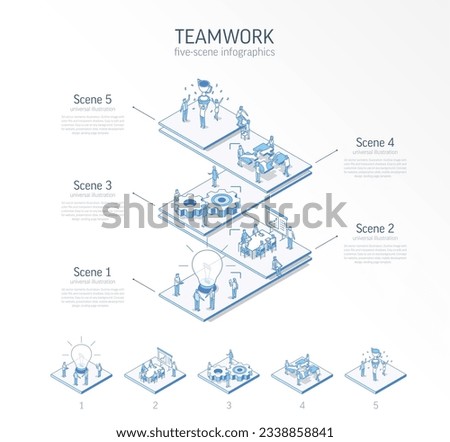 3d line isometric teamwork infographic template. Office work. success, communication presentation layout. 5 option steps, process parts, growth concept. Business people team. Cooperation, trophy icon.