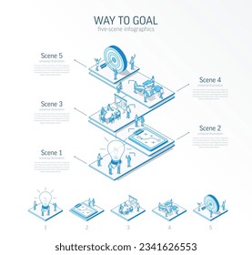 3d line isometric way to goal infographic template. Development process presentation layout. 5 option steps, process parts, growth concept. Business people team. Strategy, market success solution icon