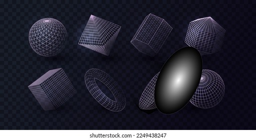 3d line Polygonal geometric shapes. Circle and square grid. Abstract geometry graphic triangle, ring design, mesh cube. Linear algebra figures. Retrowave style. Vector illustration exact objects
