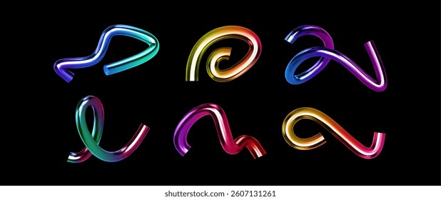 3d line shape color gradient. Pattern abstract wave elements. Set fun doodle, spiral, dynamic 3d shape on black background. Vector illustration for modern design
