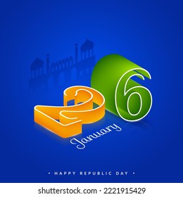 3 D Lineal 26 Número De Enero Y Monumento Silhouette Red Fort Sobre Fondo Azul Para Feliz Día De La República.