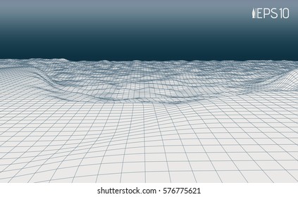 3D linear abstract perspective terrain. A grid of sea waves. Cyberspace wireframe background. Vector illustration.