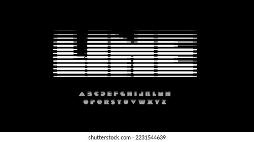 3d linear halftone alphabet, digital equalizer font for logo, headline and monogram. Horizontal lines blinds letters. Vector typography design