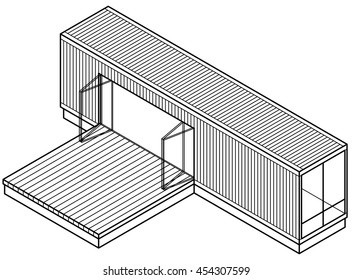 3D Line-art Drawing Of A House/building Made Out Of A Shipping Container.