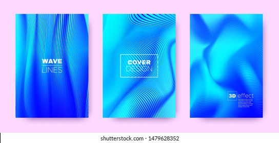 3d Lines Banner. Wave Flow Shape. Blue Abstract Brochure. Gradient Distorted Texture. Gradient 3d Lines Cover. Wave Fluid Banner. Neon Dynamic Brochure. Blue 3d Lines Distorted Texture.