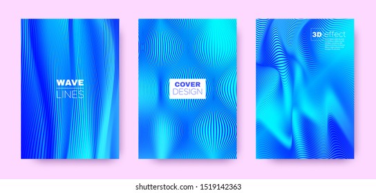 3d Lines Banner. Wave Flow Cover. Blue Vector Wallpaper. Gradient Geometric Texture. Gradient 3d Lines Poster. Wave Flow Banner. Neon Vector Brochure. Blue 3d Lines Distorted Texture.