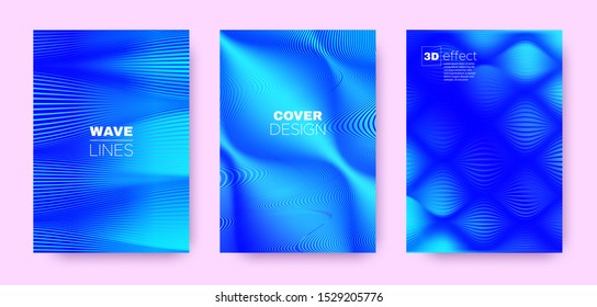 3d Lines Banner. Wave Fluid Cover. Blue Vector Wallpaper. Gradient Striped Pattern. Gradient 3d Lines Shape. Wave Fluid Design. Blue Dynamic Background. Neon 3d Lines Halftone Texture.