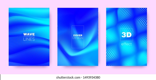 Concepto de 3d líneas. Tapa del flujo de onda. Fondo azul mínimo. Textura de semitono degradado. Tapa de líneas 3d degradadas. Banner de flujo de onda. Papel tapiz Neon Vector. Textura geométrica Neon 3d.