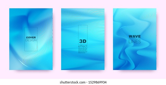 3d Lines Concept. Wave Flow Cover. Blue Vector Brochure. Gradient Striped Pattern. 