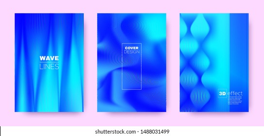 3d Lines Concept. Wave Fluid Cover. Blue Abstract Wallpaper. Gradient Halftone Texture. Gradient 3d Lines Shape. Wave Fluid Design. Blue Modern Background. Neon 3d Lines Distorted Texture.