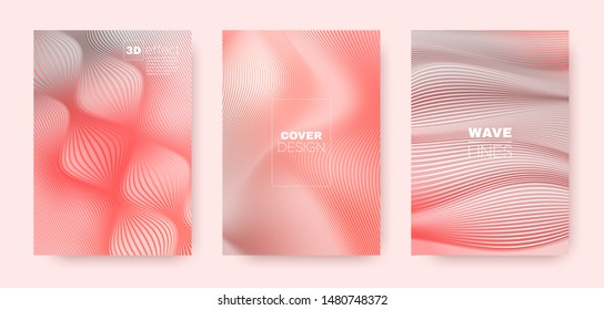 3d Lines Flyer. Wavy Fluid Concept. Vector Geometric Stripes. Coral Gradient Background. 3d Lines Poster. Wavy Flow Cover. Pink Gradient Poster. Dynamic Gradient Brochure. Distorted Texture.