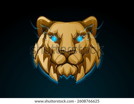 3d lion head logo with blue light eyes and aura with golden 3d game icon fantasy style