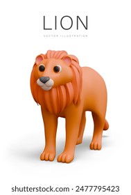 3D lion on white background. Layout of flash card for learning words in English