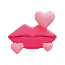 3d Lip With Hearts Icon Vector. Women's Shapes Lip. 3d Love And Romance Concept. Beautiful Lips, Beauty, Red Lipstick, Cosmetics. Isolated On White Background. 3d Kiss Icon Vector Render Illustration.