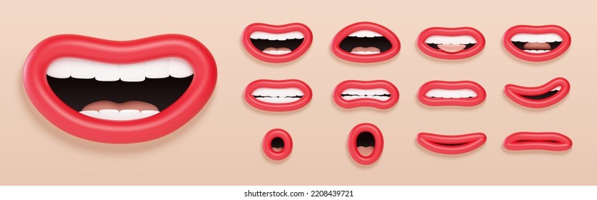3d Lip sync character mouth animation. Lips sound pronunciation chart. Lip sync for cartoon talking. Cartoon talking mouth and lips expressions. Vector illustration