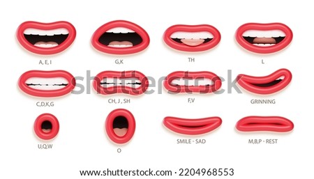 3d Lip sync character mouth animation. Lips sound pronunciation chart. Lip sync for cartoon talking. Cartoon talking mouth and lips expressions. Vector illustration