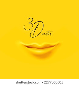3D-Lippen mit weichem Lächeln auf gelbem Hintergrund. Emotionales Gesicht. Liebe, Gefühle und Fürsorge