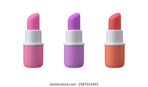 3d lipstick icon. Cosmetics for lips makeup. Beauty set of elements in pink, red and purple colors. Vector illustration isolated on white background.