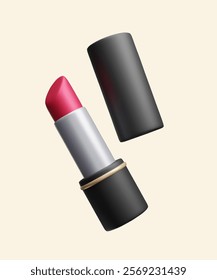 3D lipstick makeup cosmetic vector illustration. Cartoon style 3D beauty product: red lipstick black packaging design. Fashion beauty skincare cosmetic advertising vector render.