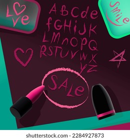 3D lipstick model open a lid with A to Z alphabets and a heart, a star drawing sign