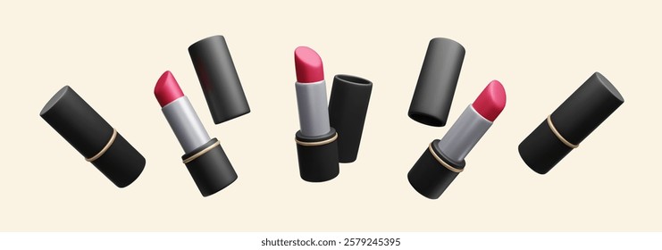 3D lipstick set in motion vector illustration. Luxury makeup black case red lipstick in different shapes realistic 3D icon set. Elegant beauty skincare lip balm, decorative cosmetic product lip gloss.