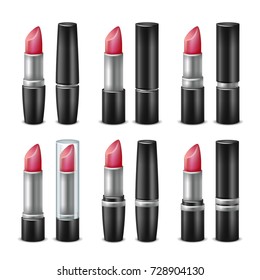 3D Lipstick Set Vector. Black And Silver Tubes. For Woman Lips Make Up. Isolated Illustration