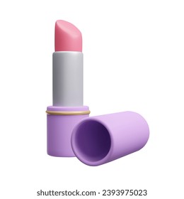 3D lipstick vector illustration isolated on white. Cute cartoon style pink lip balm with lying lipstick cap. 3D beauty cosmetic product packaging realistic render. Skincare lip treatment.