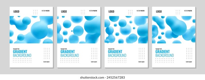 3d liquid blobs poster set. Abstract colored spheres in flight. Vector realistic render of bubbles on an isolated white background. Illustration of lava lamp elements.