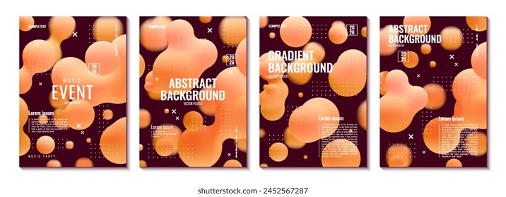 3d liquid blobs poster set. Abstract colored spheres in flight. Vector realistic render of bubbles on an isolated white background. Illustration of lava lamp elements.